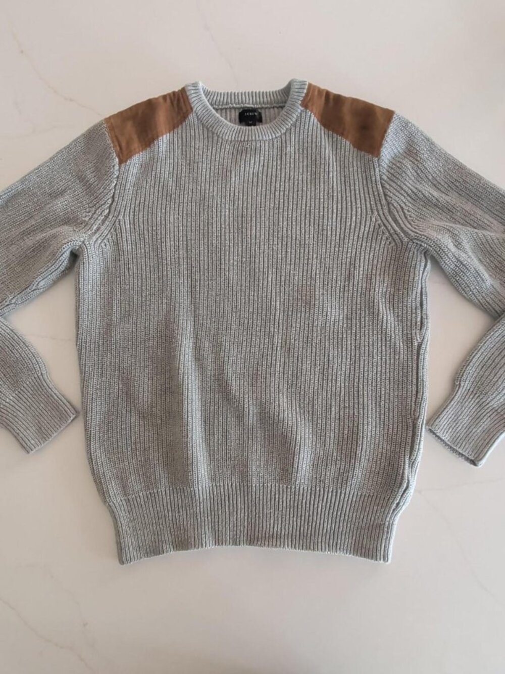 J.Crew Leather Shoulder Patch Sz M Woodsman Knit Sweater Cotton Gray Collegiate